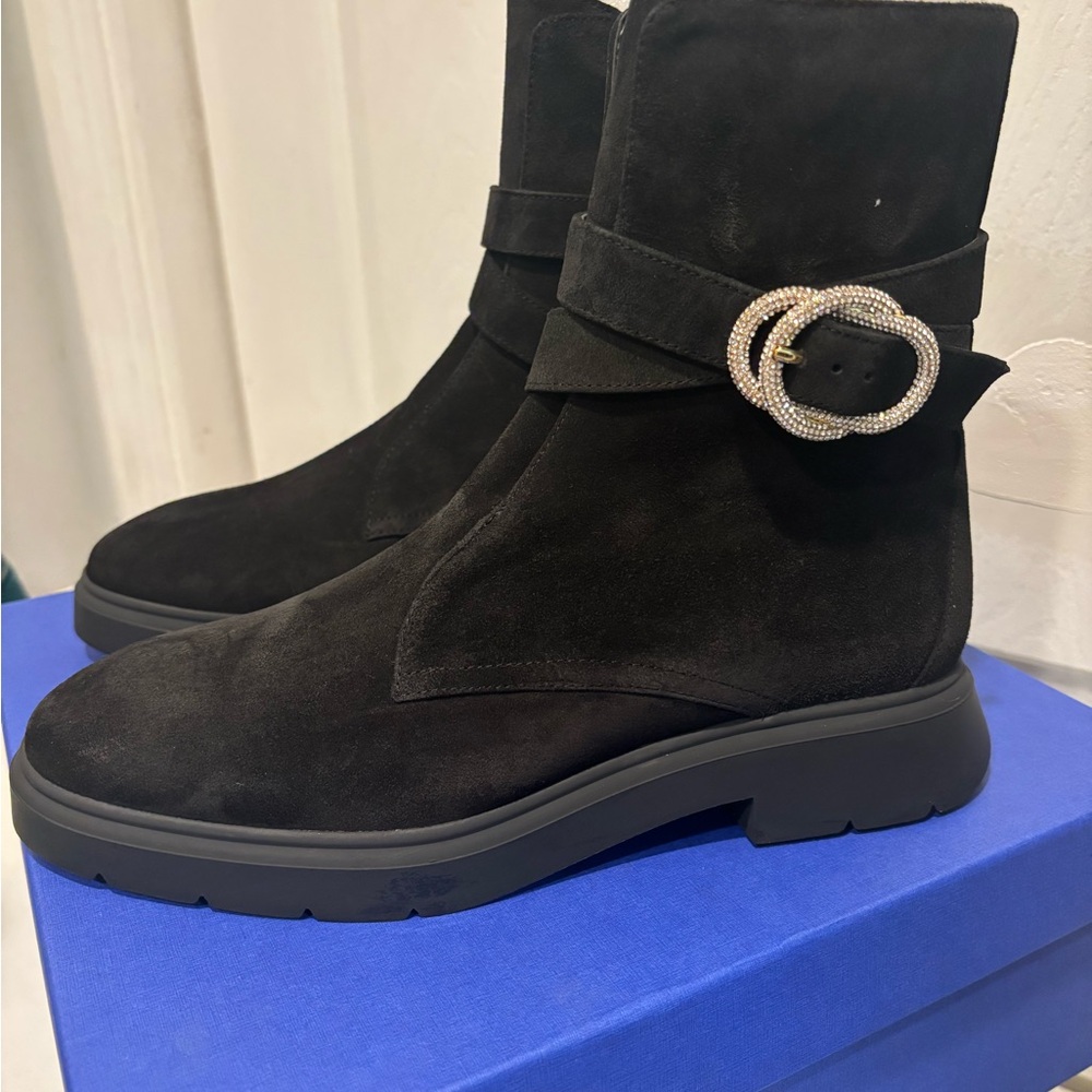 Stuart Weitzman Black Suede Ankle Boots with Embellished Buckle